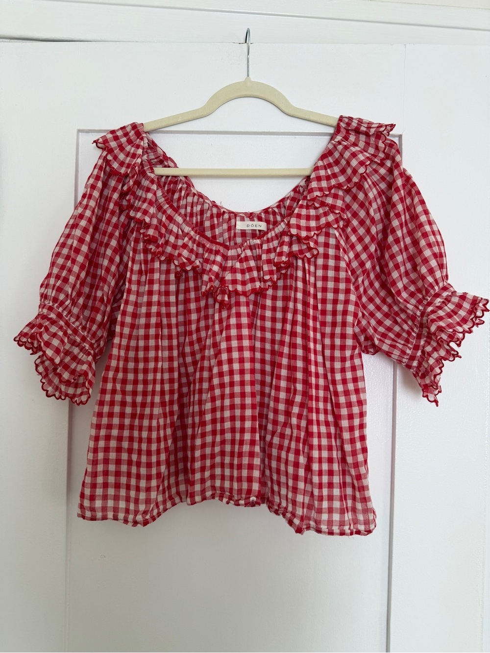 Doen Red and White Gingham Ruffle Off-Shoulder Blouse